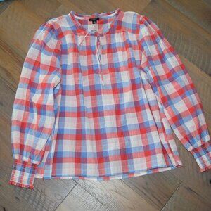 Women L Petite Ann Taylor Plaid Ruffle Tie Neck Blouse Shirt Top Keyhole Smocked